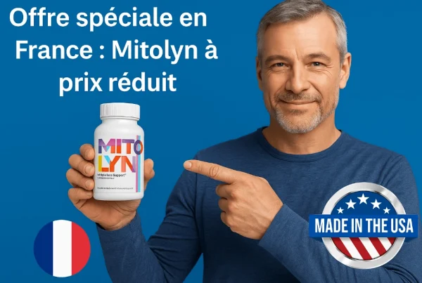 Homme d'âge moyen tenant Mitolyn – complément naturel pour la perte de poids, en vente en France à prix réduit.