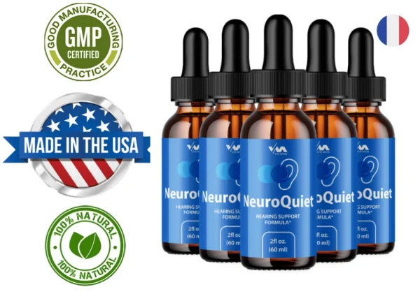 Bouteilles de NeuroQuiet accompagnées d’un drapeau français et des labels "Made in the USA", "GMP Certified" et "100% Natural".