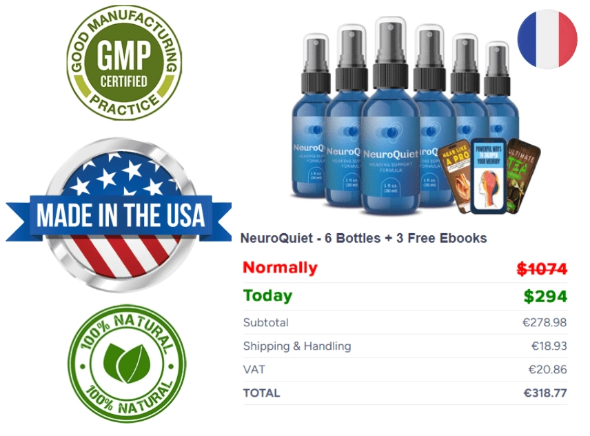 Bouteilles de NeuroQuiet avec drapeau français et étiquettes de qualité "Made in the USA" et "100% naturel"